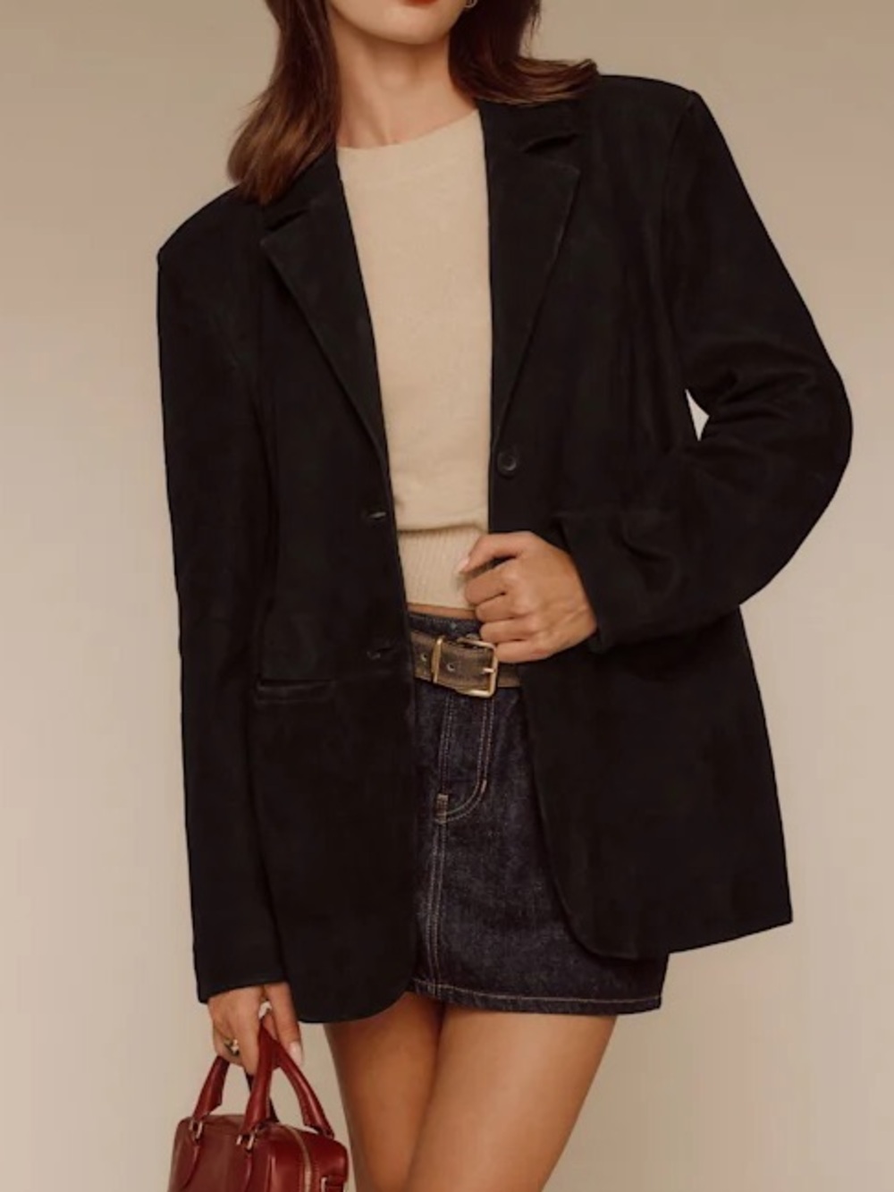 Reformation: Black Suede Oversized Blazer with Classic Lapels